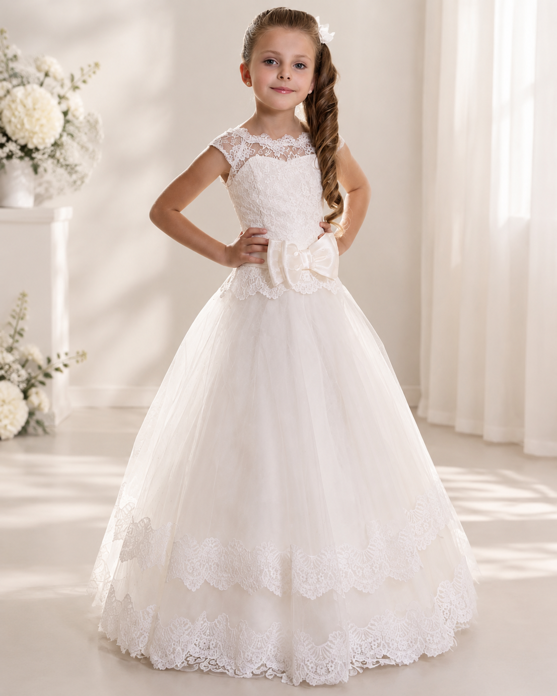 Lace cap sleeve corset lace-up back satin bow tiered ruffle floor-length flower girl dress - front view in ivory