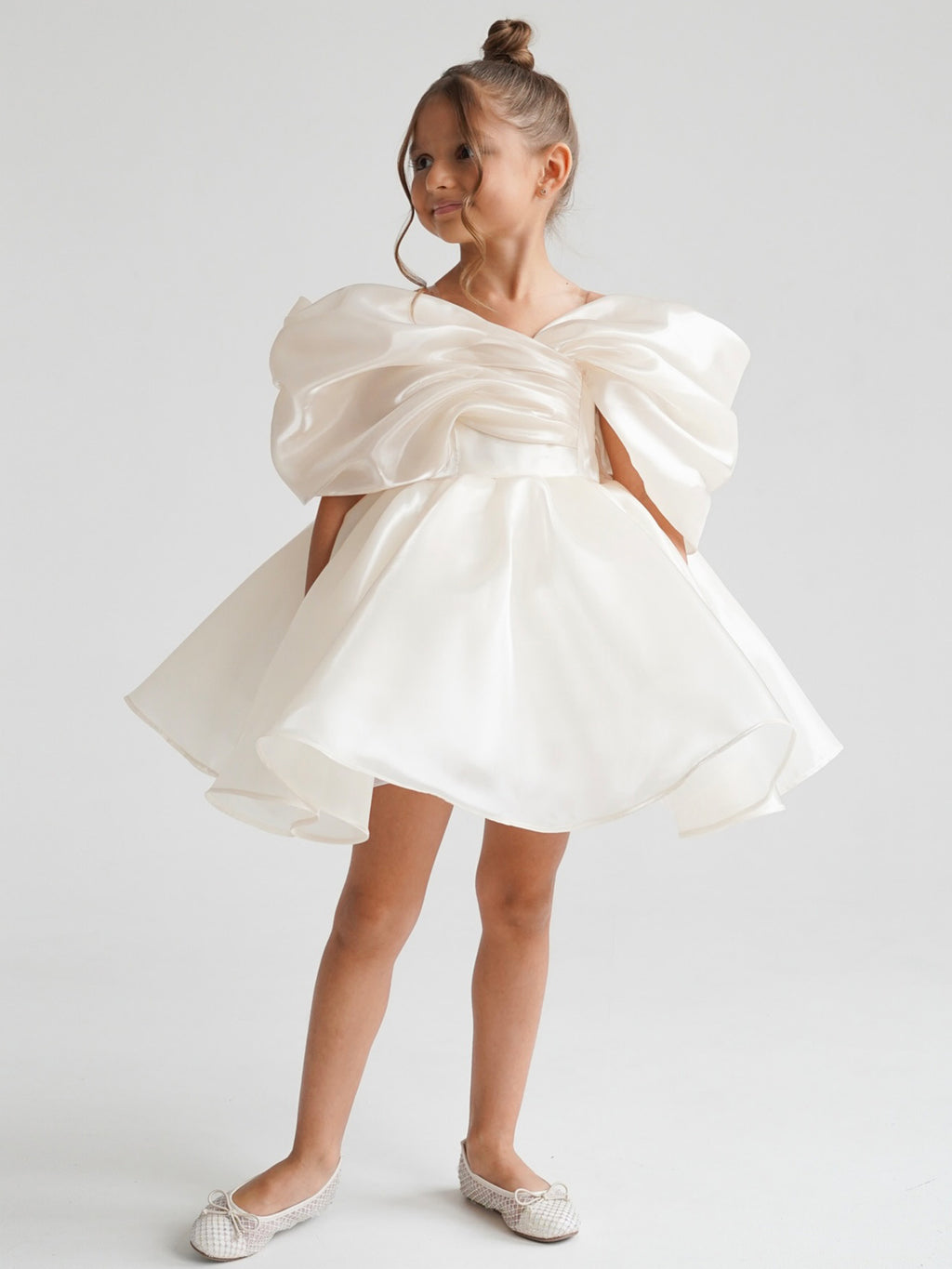 Satin off-shoulder puff sleeve ruched bodice lace-up back bubble hem mini flower girl dress - front view in ivory