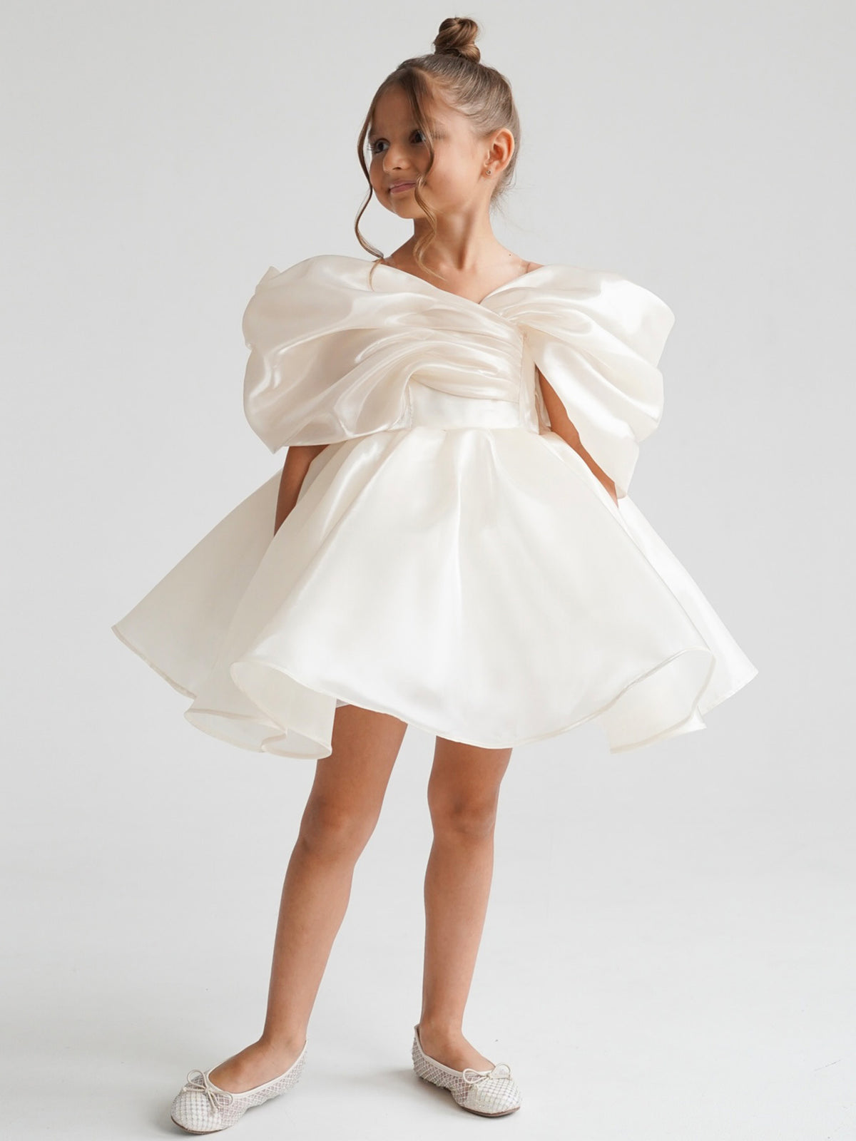 Satin off-shoulder puff sleeve ruched bodice lace-up back bubble hem mini flower girl dress - front view in ivory