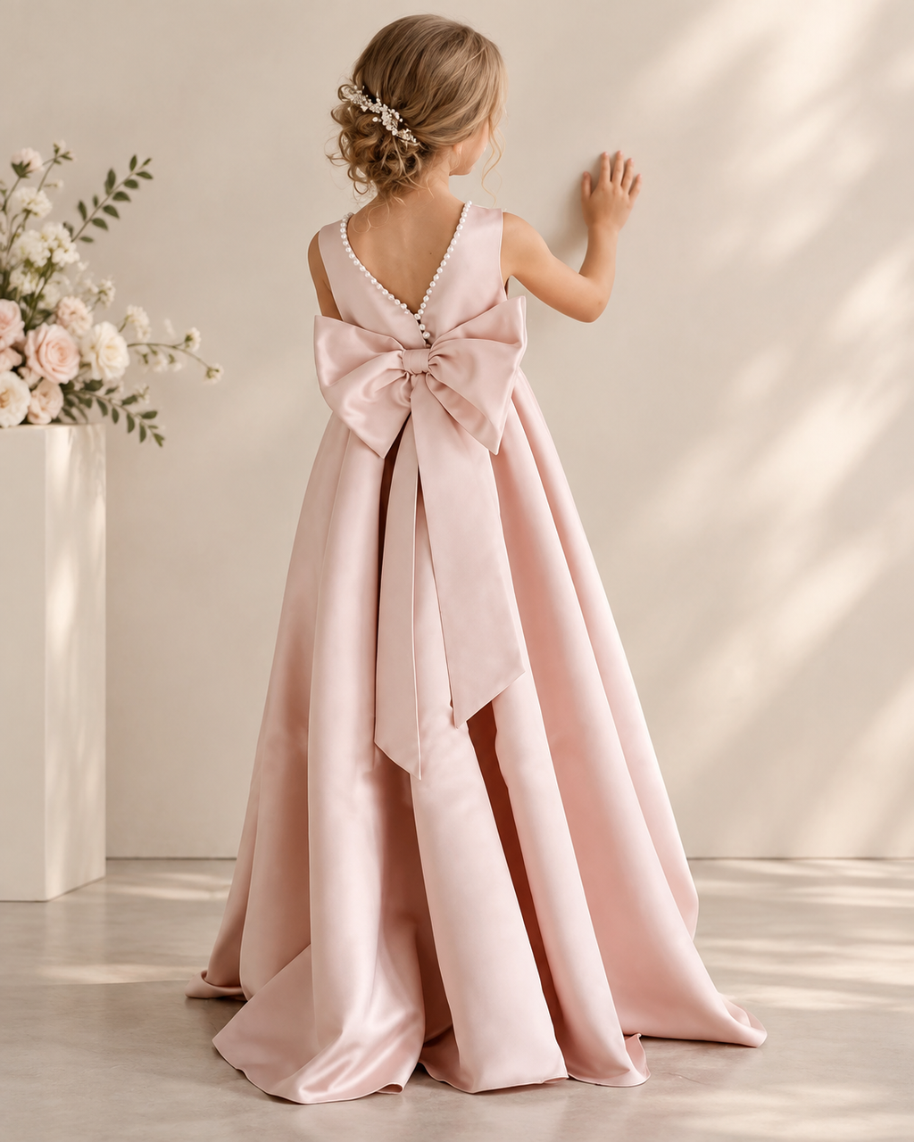 Satin round neckline pearl-trimmed V-back oversized bow floor-length flower girl dress - back view in blush pink