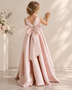 Satin round neckline pearl-trimmed V-back oversized bow floor-length flower girl dress - back view in blush pink