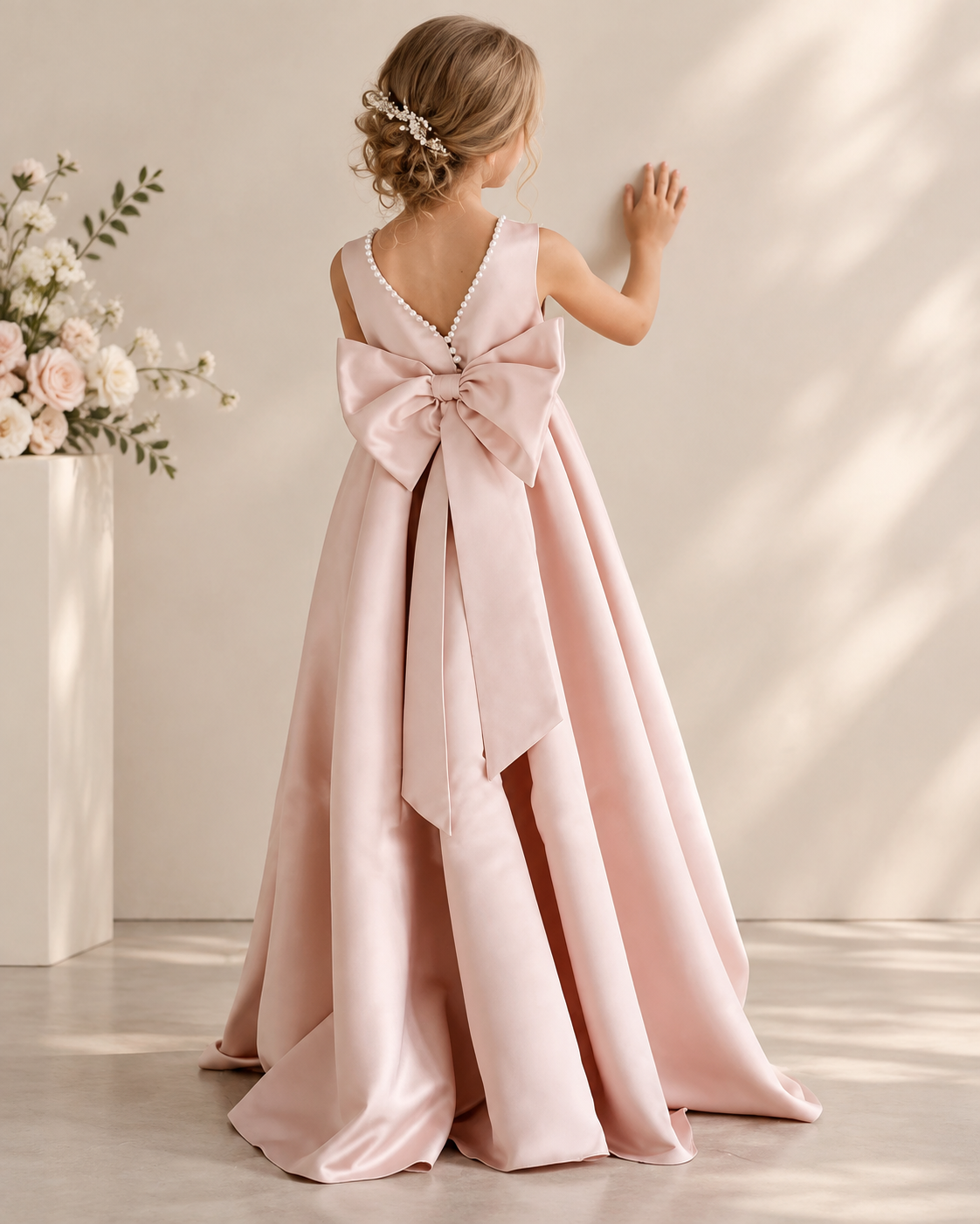 Satin round neckline pearl-trimmed V-back oversized bow floor-length flower girl dress - back view in blush pink