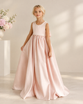 Satin round neckline pearl-trimmed V-back oversized bow floor-length flower girl dress - front view in blush pink