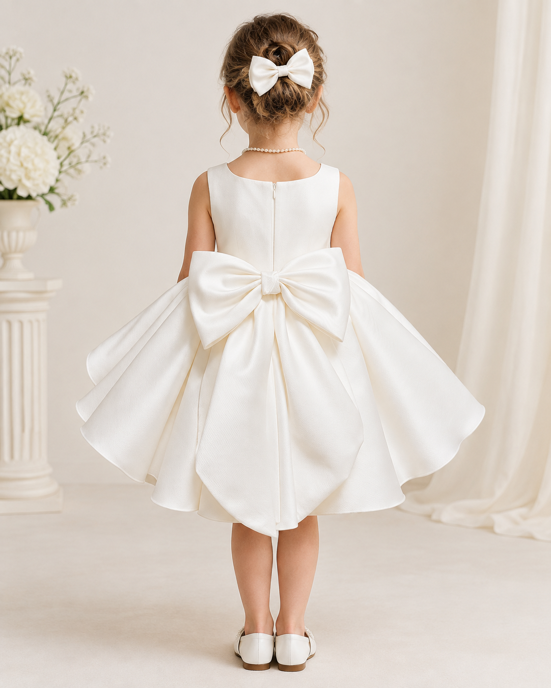 Satin round neckline bow-pickup balloon hem tea-length flower girl dress - back view in ivory