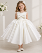 Satin round neckline bow-pickup balloon hem tea-length flower girl dress - front view in ivory