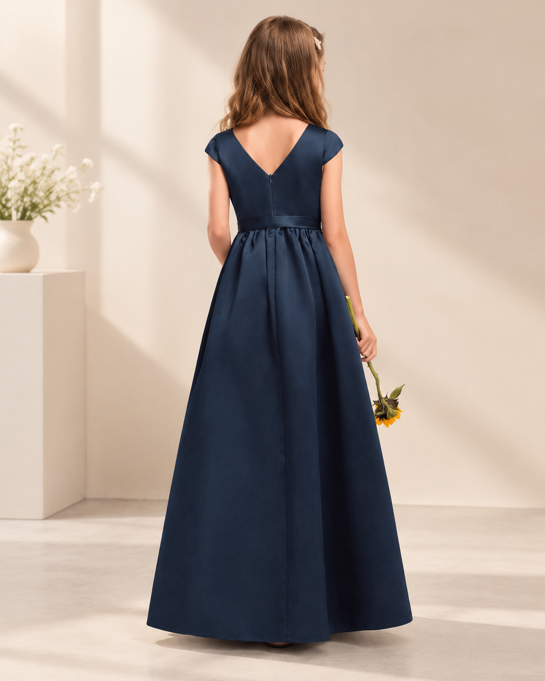 Junior satin bateau neckline cap sleeve V-back satin belt A-line floor-length flower girl dress - back view in dark navy