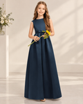 Junior satin bateau neckline cap sleeve V-back satin belt A-line floor-length flower girl dress - front view in dark navy