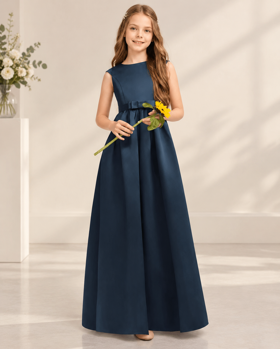 Junior satin bateau neckline cap sleeve V-back satin belt A-line floor-length flower girl dress - front view in dark navy