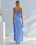 Chiffon spaghetti strap V-neck ruffle cascade asymmetric high-slit floor-length evening gown - back view in light blue