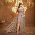 Beaded sweetheart neckline A-line corset-back floor-length evening gown - front view in Champagne