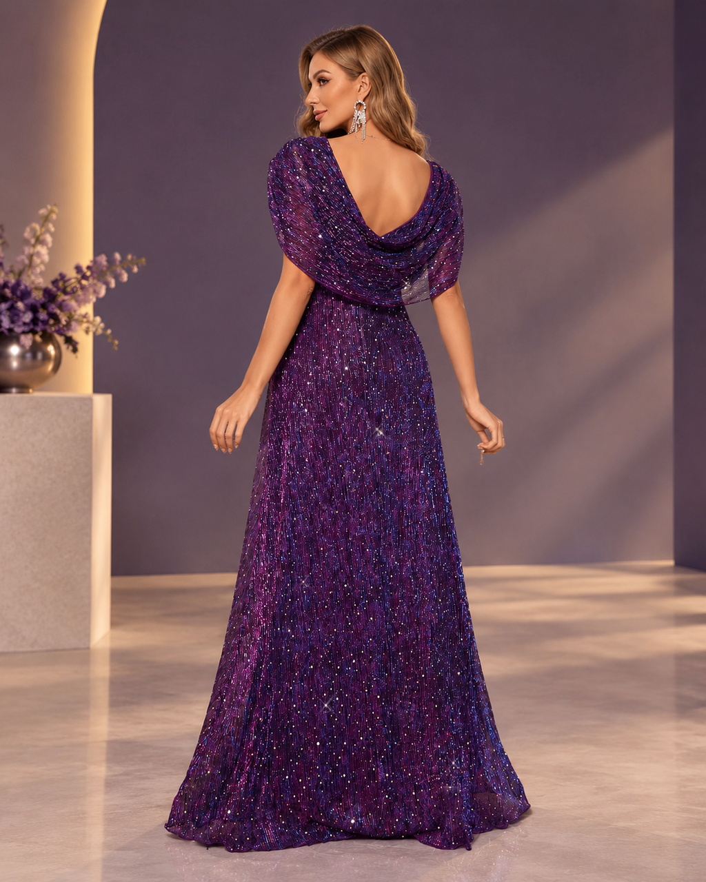 Metallic shimmer pleated sequin cowl-neck off-shoulder cape-sleeve sweep-train evening gown - back view in Orchid purple