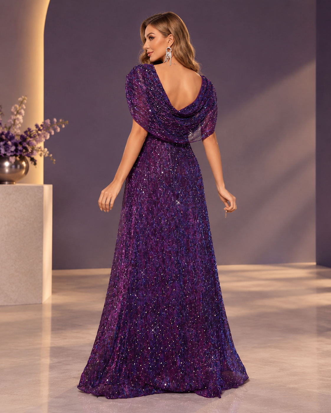Metallic shimmer pleated sequin cowl-neck off-shoulder cape-sleeve sweep-train evening gown - back view in Orchid purple