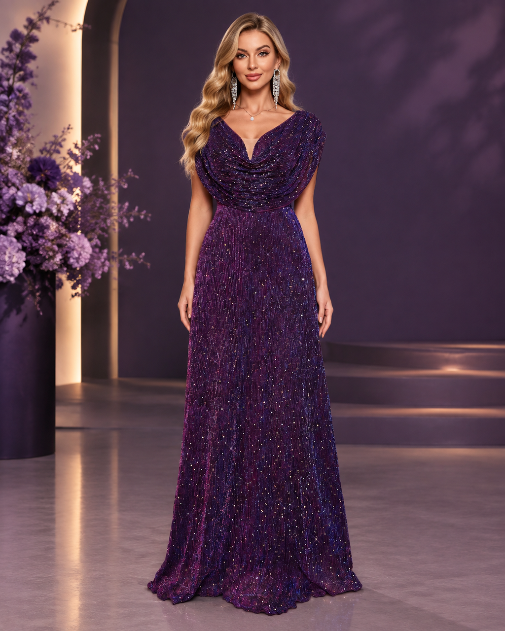 Metallic shimmer pleated sequin cowl-neck off-shoulder cape-sleeve sweep-train evening gown - front view in Orchid purple