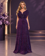 Metallic shimmer pleated sequin cowl-neck off-shoulder cape-sleeve sweep-train evening gown - front view in Orchid purple