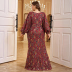 Plus size burgundy sequin paisley print puff-sleeve V-neck floor-length mother of the bride dress - back view in burgundy with gold paisley print