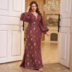 Plus size burgundy sequin paisley print puff-sleeve V-neck floor-length mother of the bride dress - front view in burgundy with gold paisley print