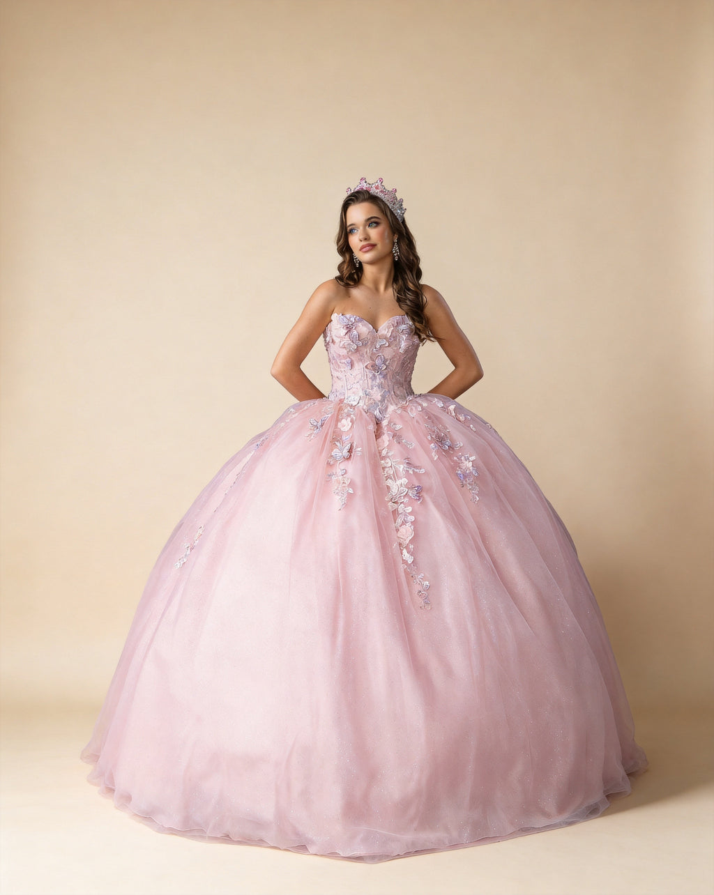 3D Floral Appliqué Strapless Glitter Tulle Ball Gown XU00035