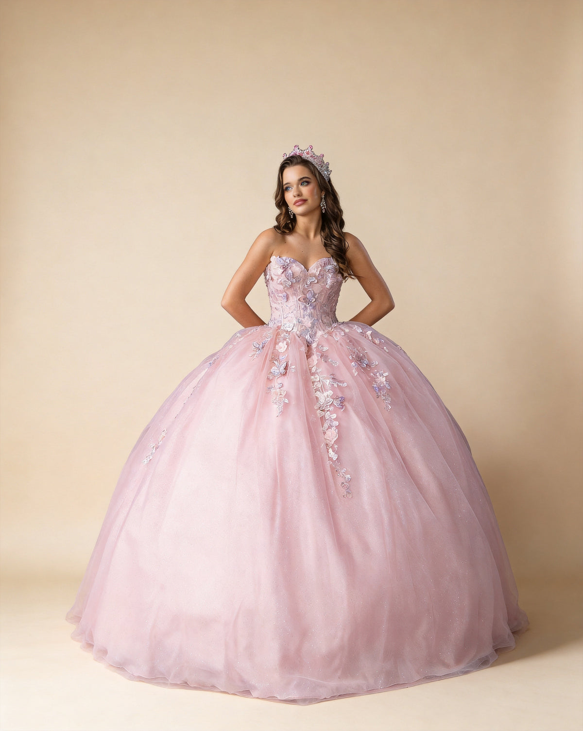 3D Floral Appliqué Strapless Glitter Tulle Ball Gown XU00035