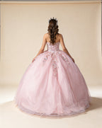 3D Floral Appliqué Strapless Glitter Tulle Ball Gown XU00035