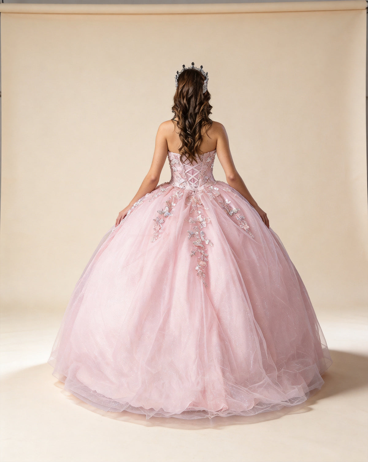 3D Floral Appliqué Strapless Glitter Tulle Ball Gown XU00035
