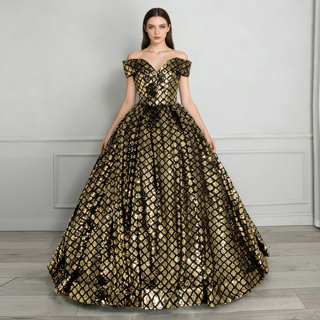 XU00132 Sweetheart Off-Shoulder Sequin Ball Gown - Front - Black with Gold diamond sequin pattern