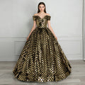XU00132 Sweetheart Off-Shoulder Sequin Ball Gown - Front - Black with Gold diamond sequin pattern