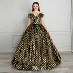 XU00132 Sweetheart Off-Shoulder Sequin Ball Gown - Front - Black with Gold diamond sequin pattern